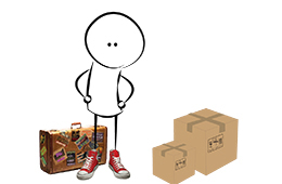A graphic of a stick-person with moving boxes and a suitcase