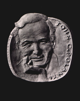 Medal by Dora de Pedery-Hunt showing John Polanyi; 1986.