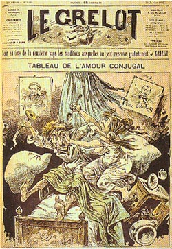 "Dreyfus à la chambre...à coucher"  caricature  "Le Grelot", le 30 janvier 1989